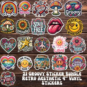 21 Groovy Sticker Bundle – Retro Aesthetic 4” Vinyl Stickers